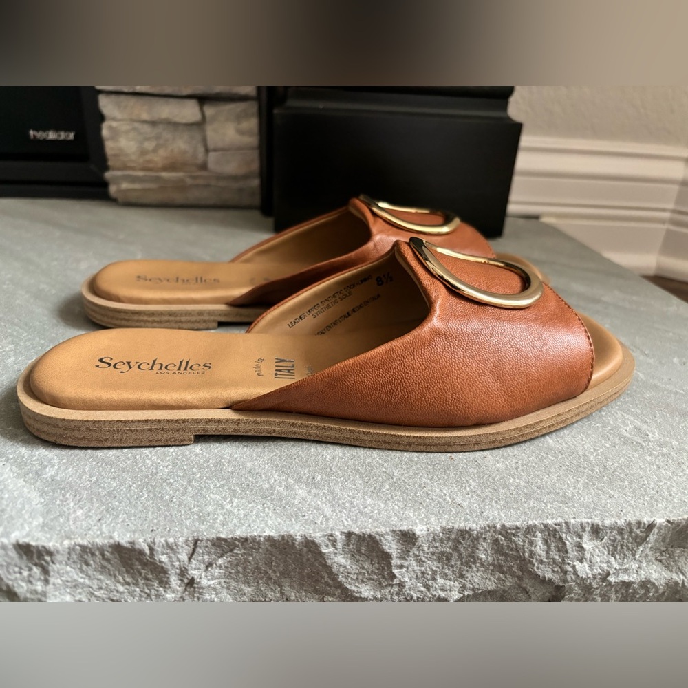 Seychelles Women’s Size 8.5 Tan Leather Gold End Of Time Slide Sandal FLAW - Picture 4 of 10
